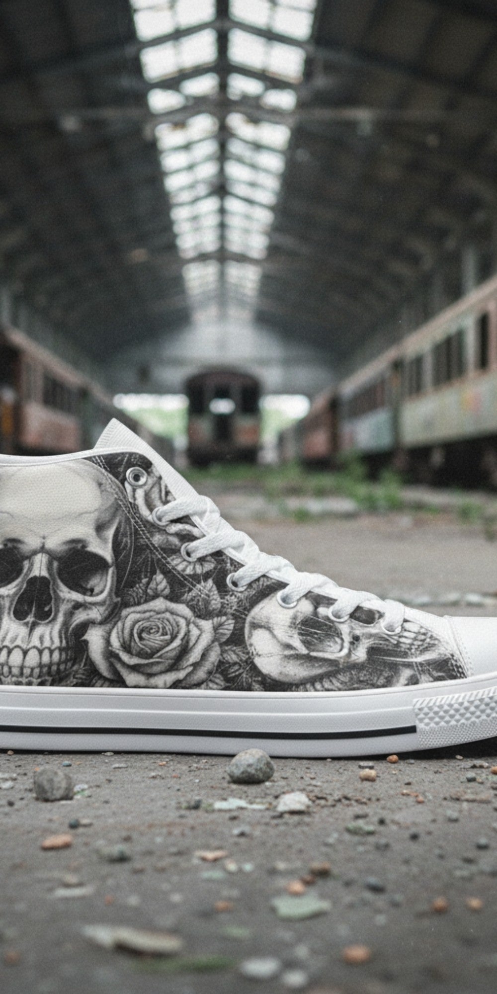 Custom Women's Gothic Skull Dark Art high-top canvas shoes with bold all-over art — Freaky Shoes