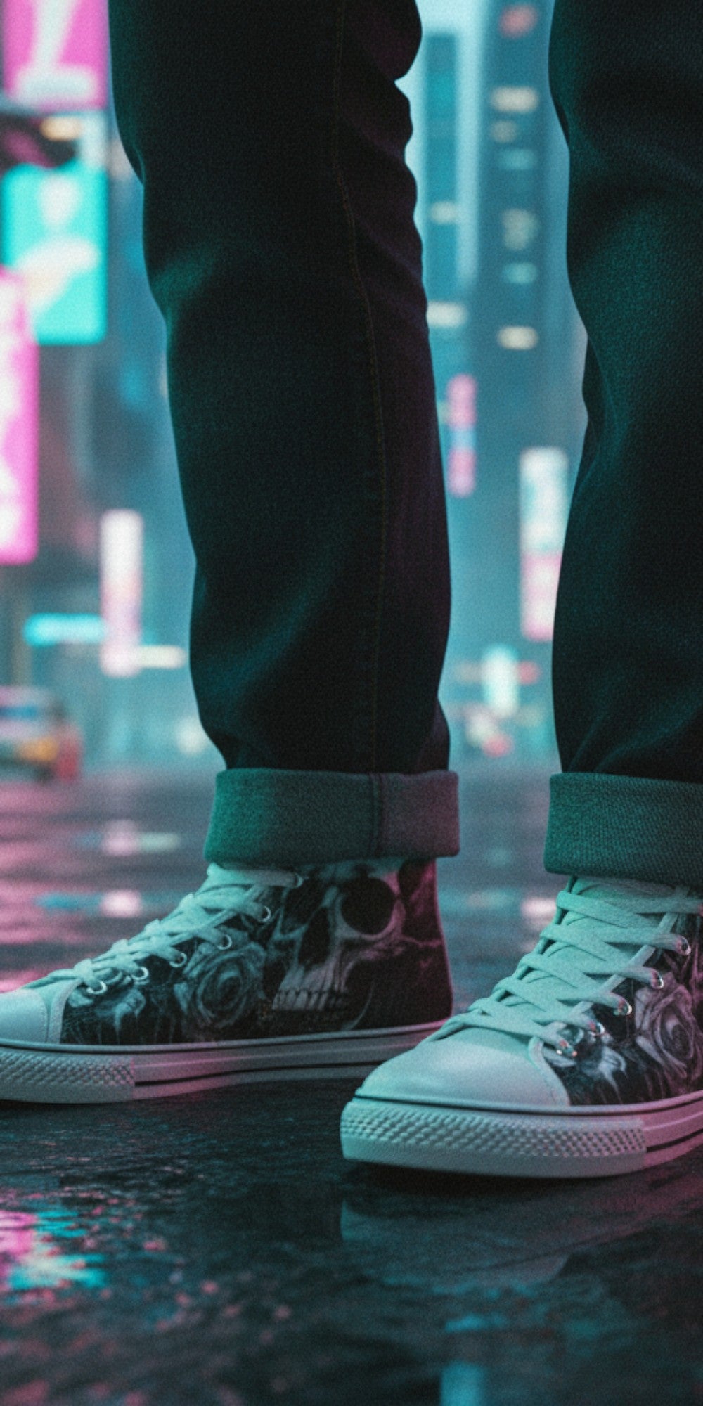 Freaky Shoes® dark gothic skull and rose print high top canvas sneakers worn on a rainy city street at night.