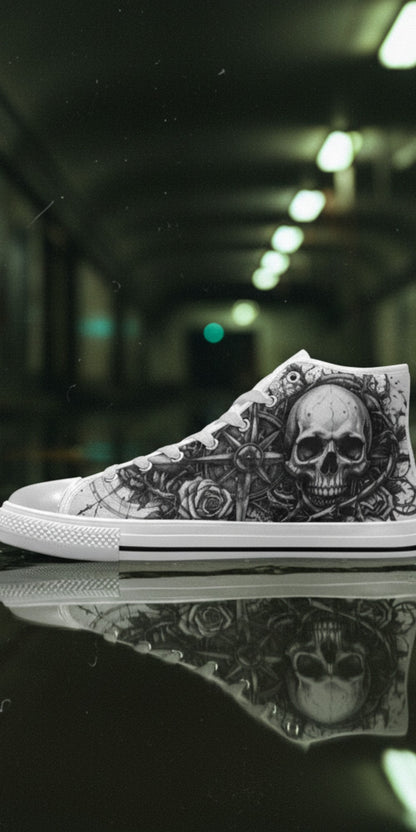 Women's Grey Skull Dark Art Gothic high-top canvas shoes — one-of-a-kind custom printed art, Freaky Shoes