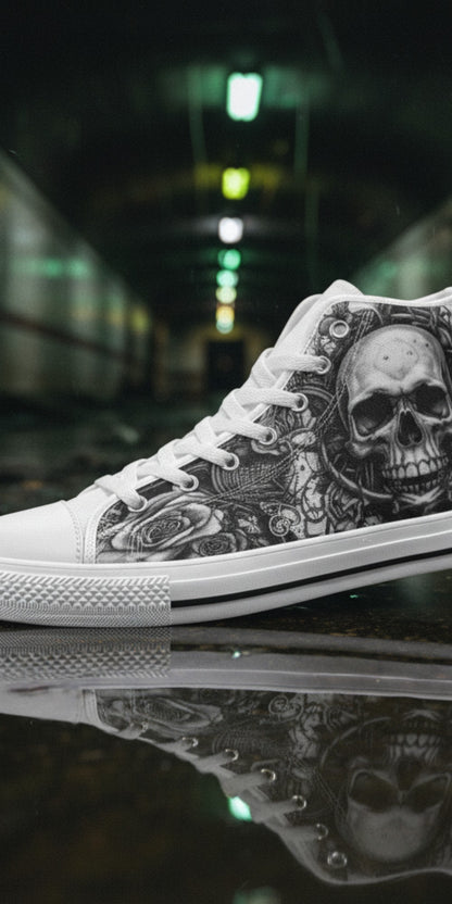 Women's Grey Skull Dark Art Gothic high-top canvas shoes, custom full-wrap printed design — Freaky Shoes