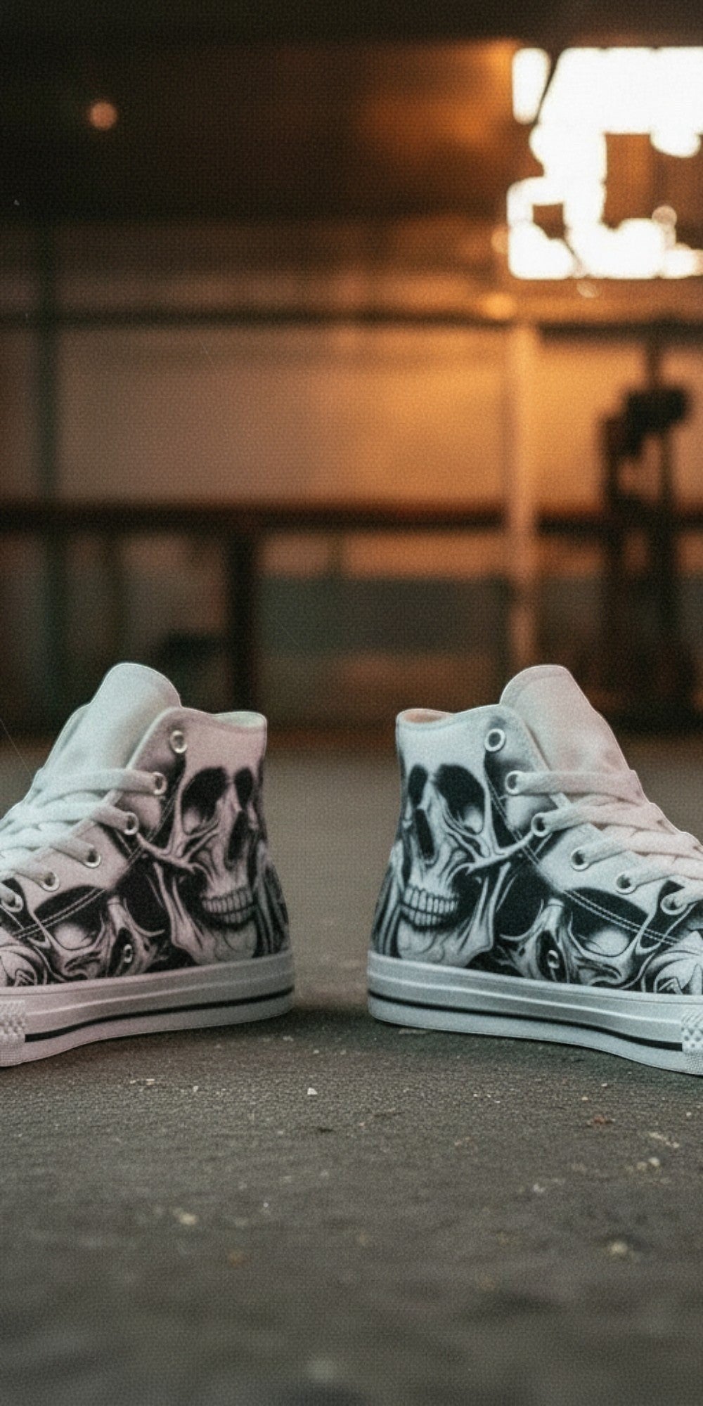 Women's Cartoon Skulls & Roses hand-made high-top canvas shoes — unique wearable art by Freaky Shoes