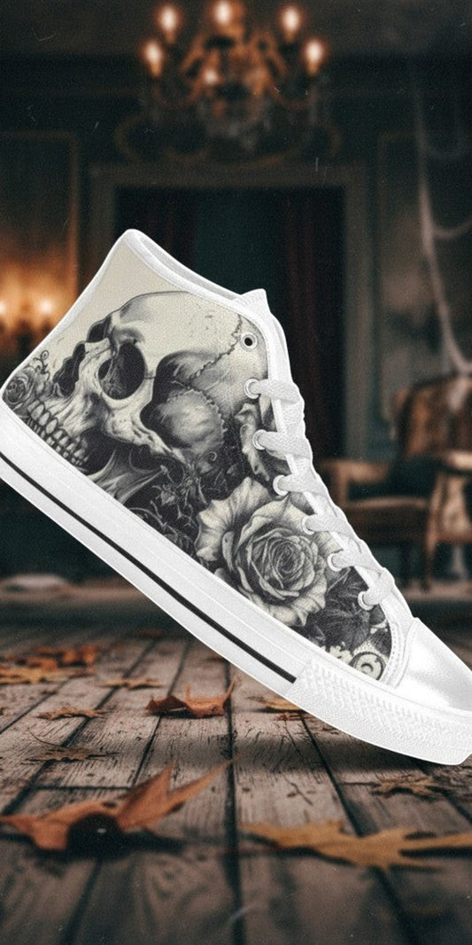 Freaky Shoes® monochrome high top canvas sneakers featuring a detailed gothic skull and rose art print.
