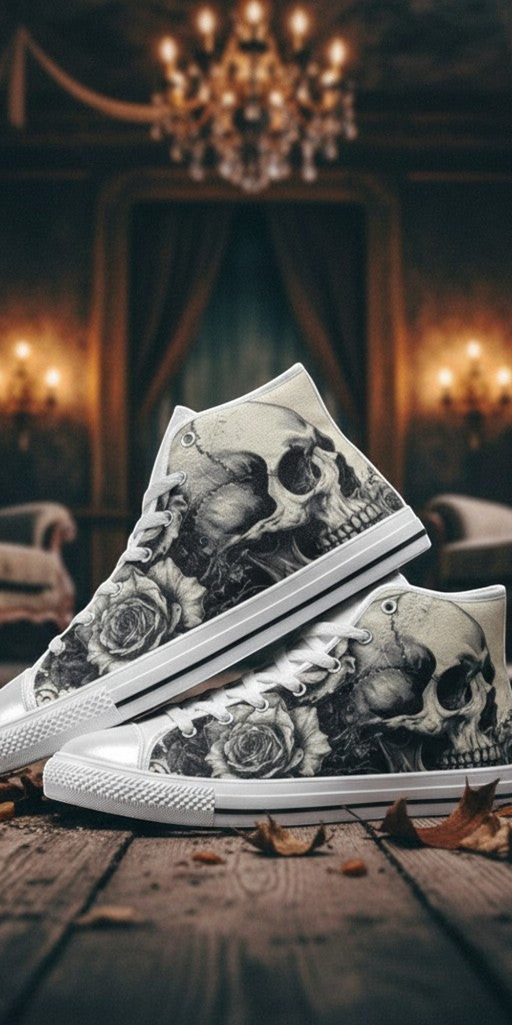 Custom Women's Monochrome Dark Skull Gothic Art high-top canvas shoes with bold all-over art — Freaky Shoes