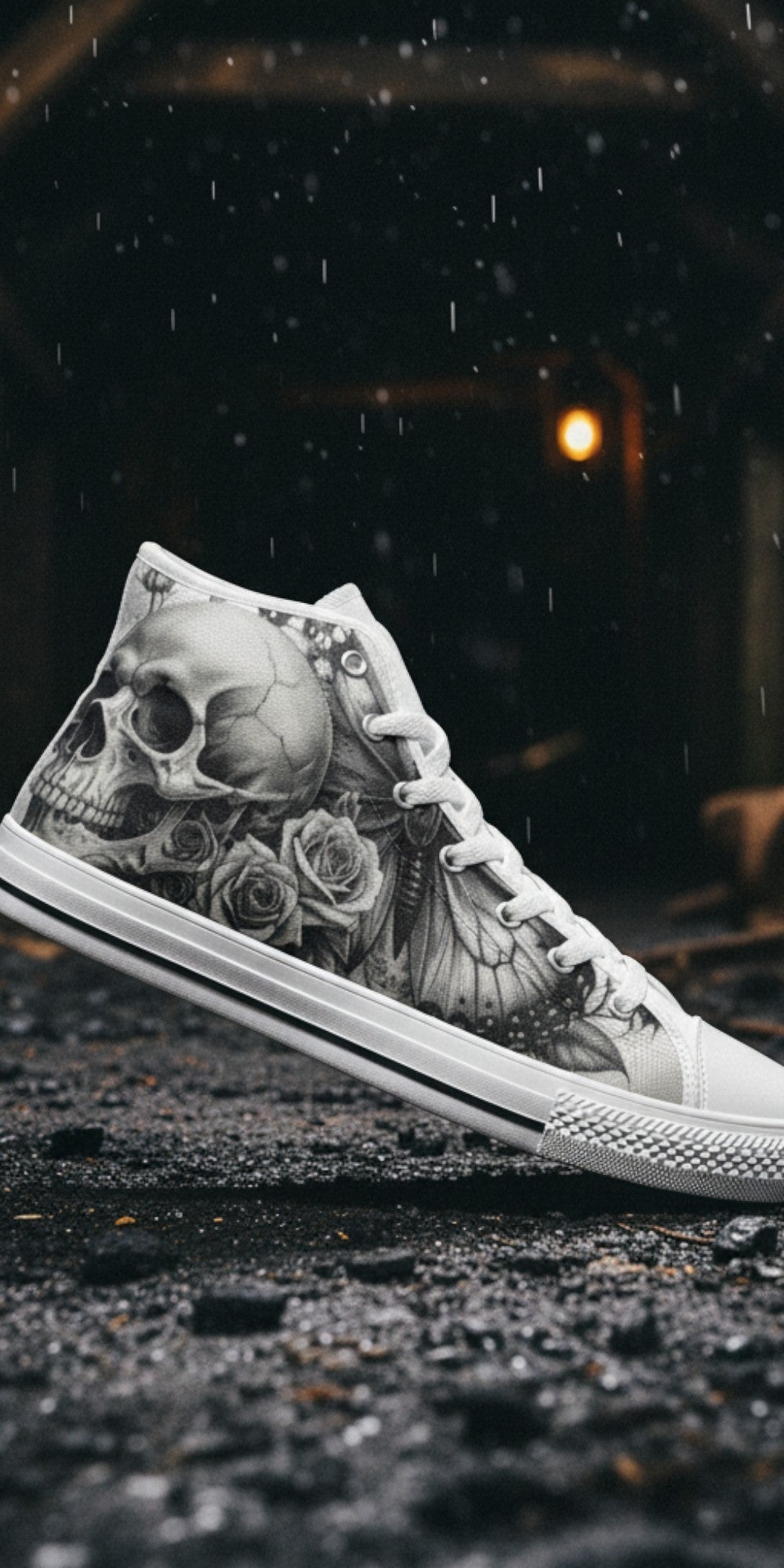 Custom Men's Monochrome Moon Skull Gothic Art high-top canvas shoes with bold all-over art — Freaky Shoes