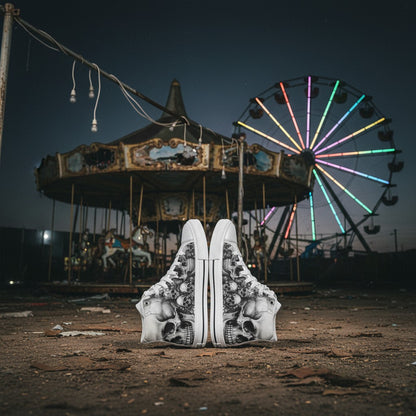 Women's Monochrome Dark Art Skull Gothic hand-made high-top canvas shoes — unique wearable art by Freaky Shoes
