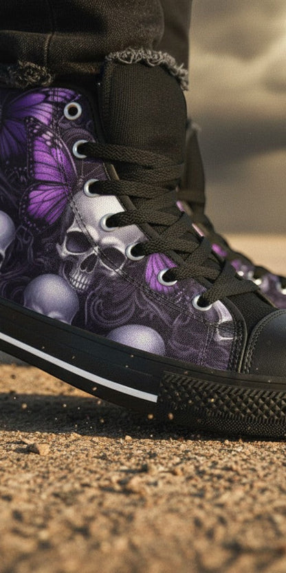 Freaky Shoes® women's high top canvas sneakers featuring a purple iridescent skull and butterfly dark art print.