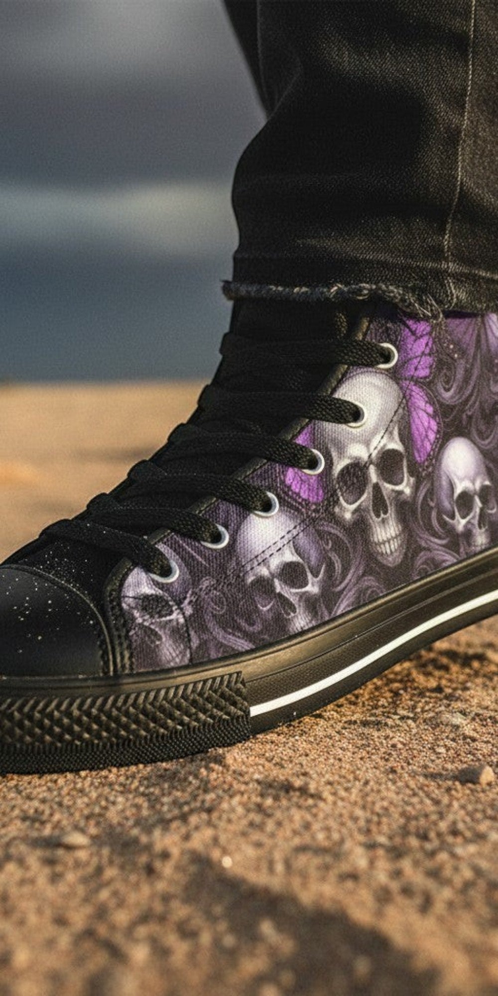 Freaky Shoes® women's high top canvas sneakers featuring a purple iridescent skull and butterfly dark art print.