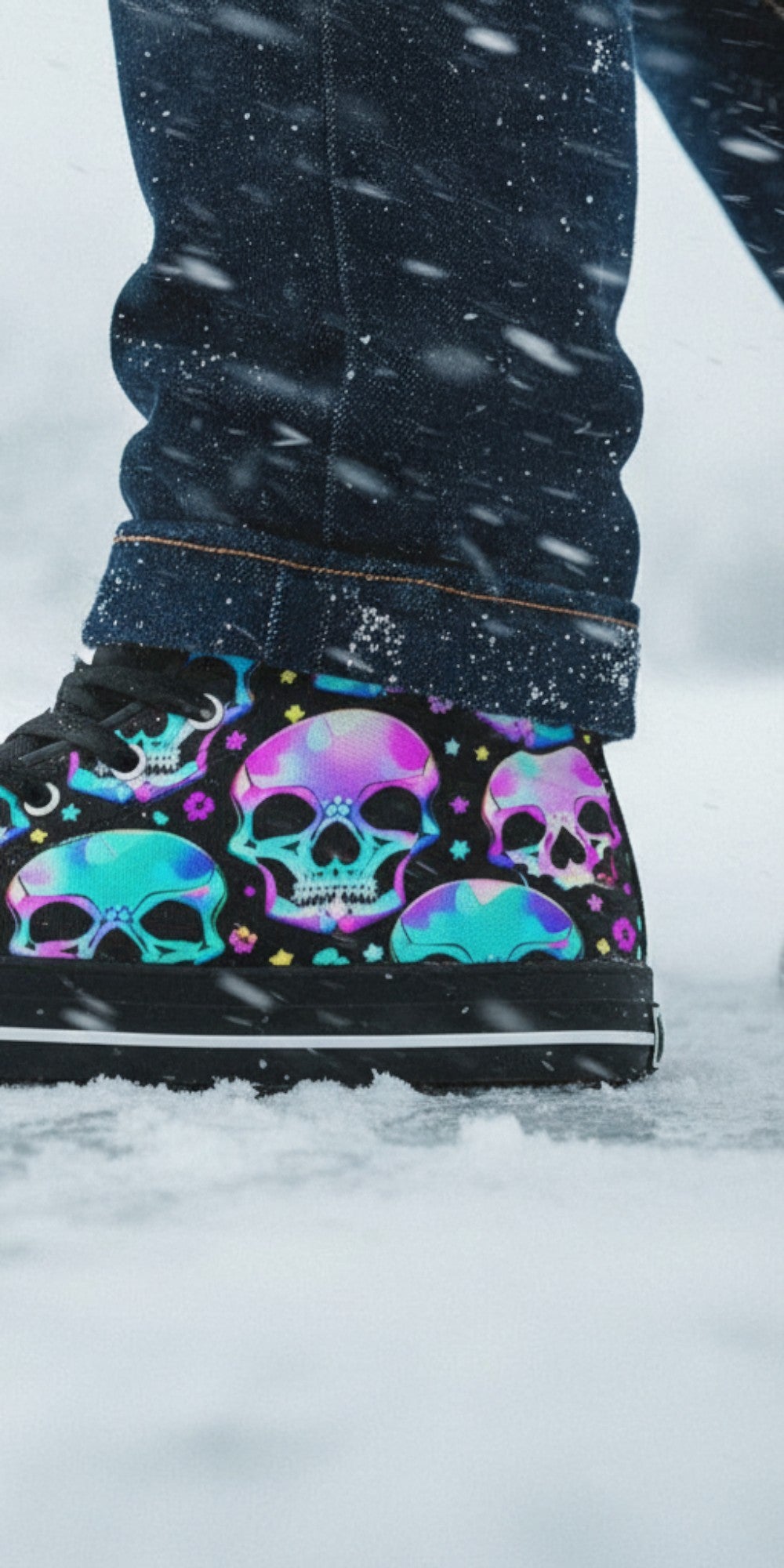 Freaky Shoes® men's high top canvas sneakers featuring a vibrant neon skull print, worn in snowy conditions.