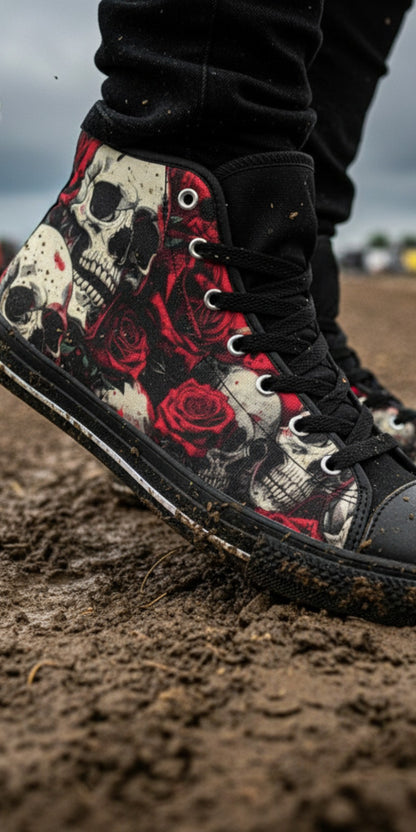 Freaky Shoes® men's high top canvas sneakers featuring a comic-style skull and red rose graphic on muddy ground.