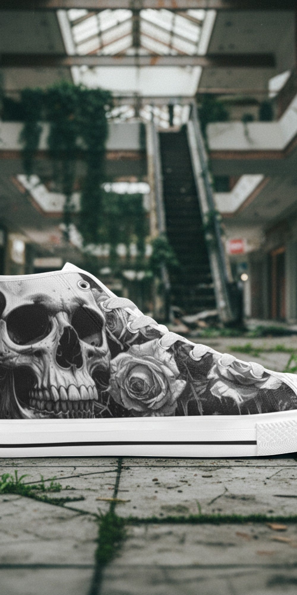 Freaky Shoes® gothic high top canvas sneakers featuring a black and white skull and rose print on a rubber sole.