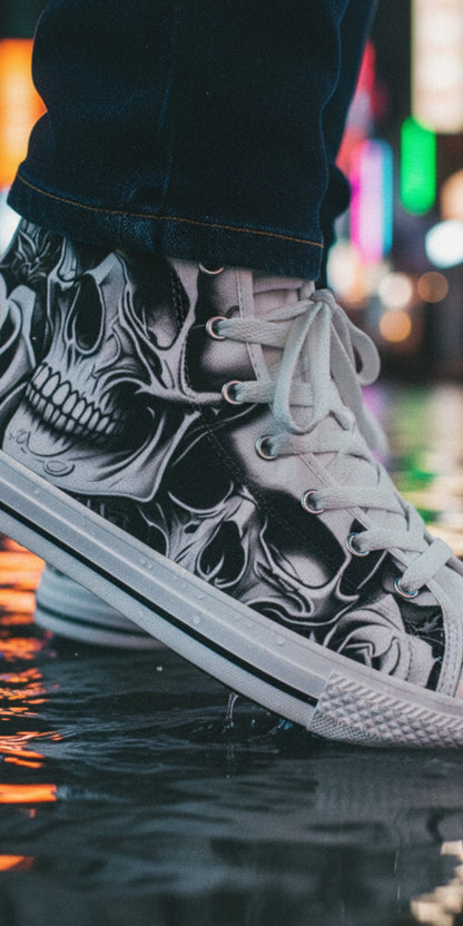 Freaky Shoes® men's high top canvas sneakers featuring a black and white gothic skull and rose cartoon print.