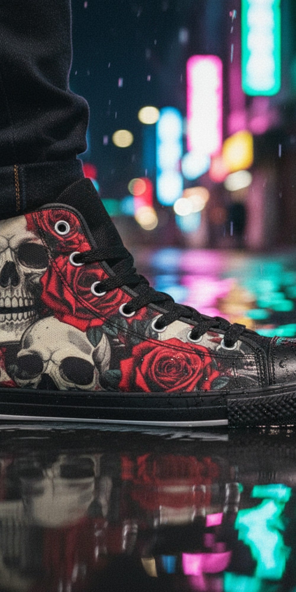 Freaky Shoes® men's high top canvas sneakers featuring a comic skull and red rose graphic print in a rainy city.