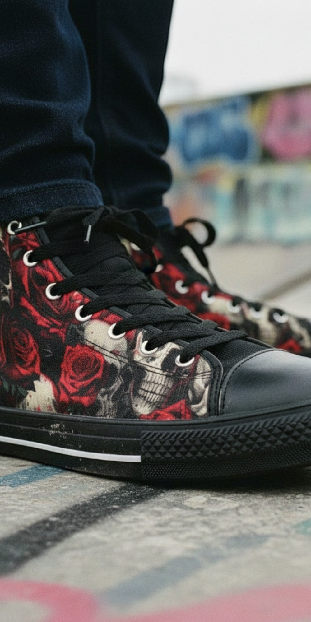 Freaky Shoes® women's high top canvas sneakers featuring a comic book skull and rose print in red and black