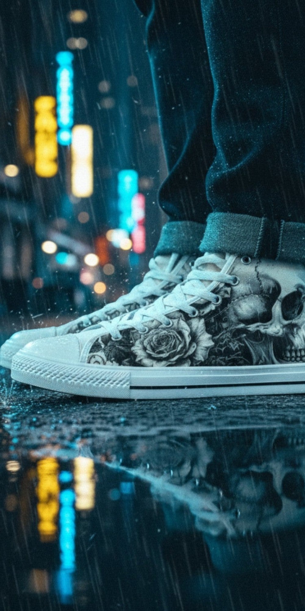 Freaky Shoes® monochrome skull and rose canvas high top sneakers worn in a rainy city street at night.