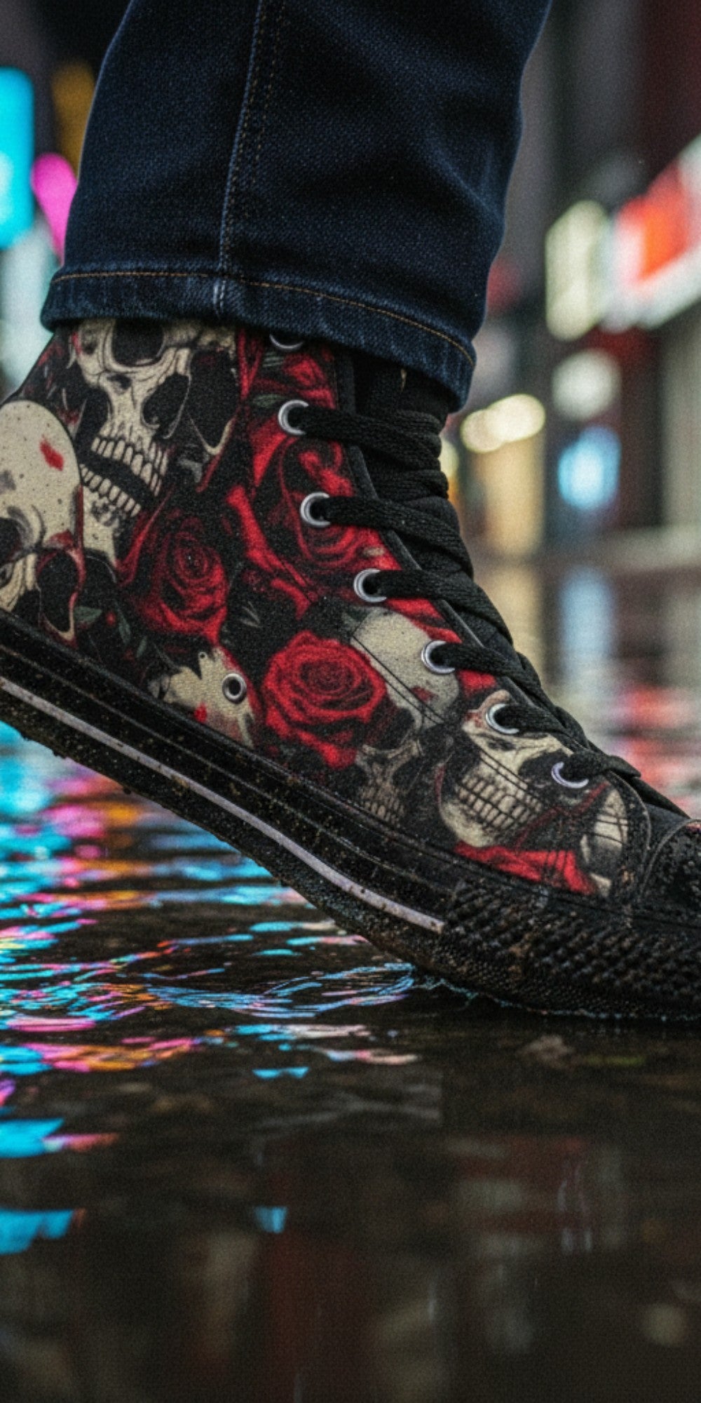 Freaky Shoes® men's high top canvas sneakers featuring a comic-style skull and red rose print on a wet city street.
