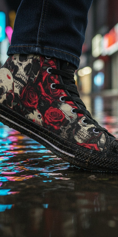Freaky Shoes® men's high top canvas sneakers featuring a comic-style skull and red rose print on a wet city street.