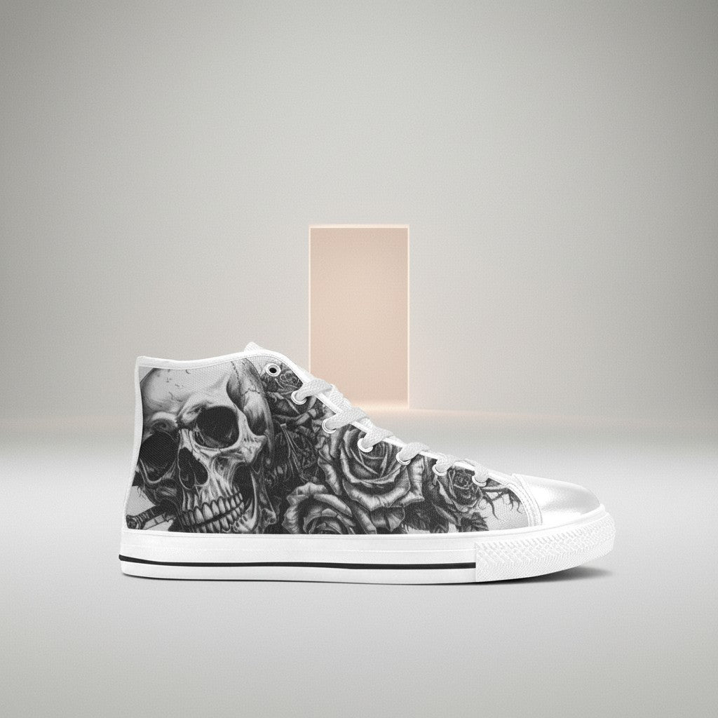 Women's Tattoo Skull Art Dark Gothic high-top canvas shoes — one-of-a-kind custom printed art, Freaky Shoes