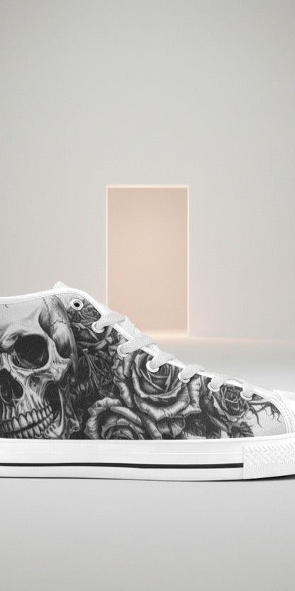 Custom Women's Tattoo Skull Art Dark Gothic high-top canvas shoes with bold all-over art — Freaky Shoes