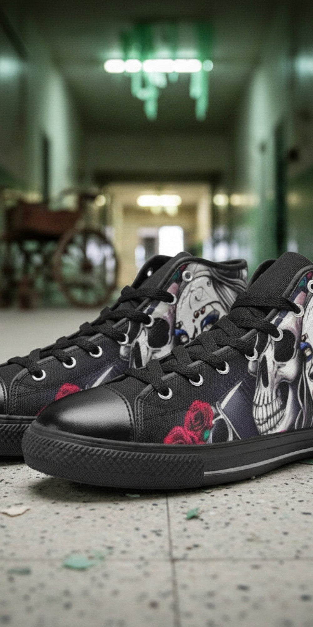 Men's Skulls hand-made high-top canvas shoes — unique wearable art by Freaky Shoes