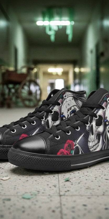 Men's Skulls hand-made high-top canvas shoes — unique wearable art by Freaky Shoes