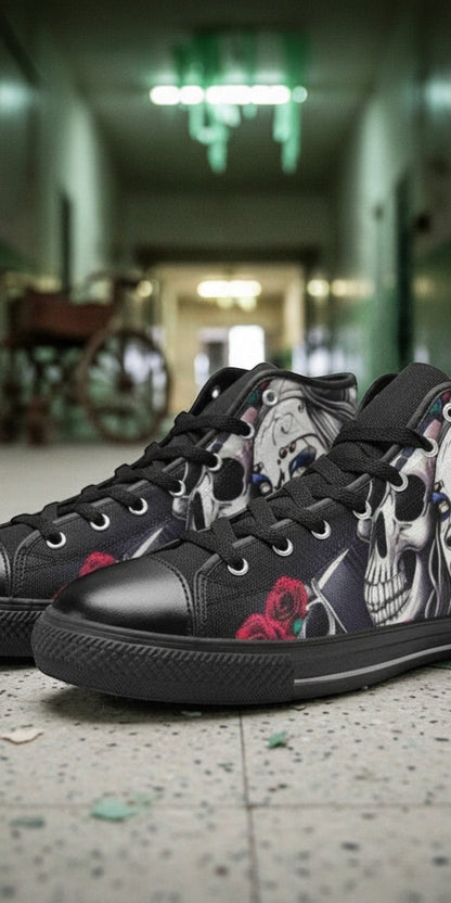 Men's Skulls hand-made high-top canvas shoes — unique wearable art by Freaky Shoes