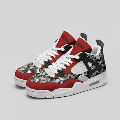Freaky Shoes custom art sneakers with red accents and monochrome skull art, made to order