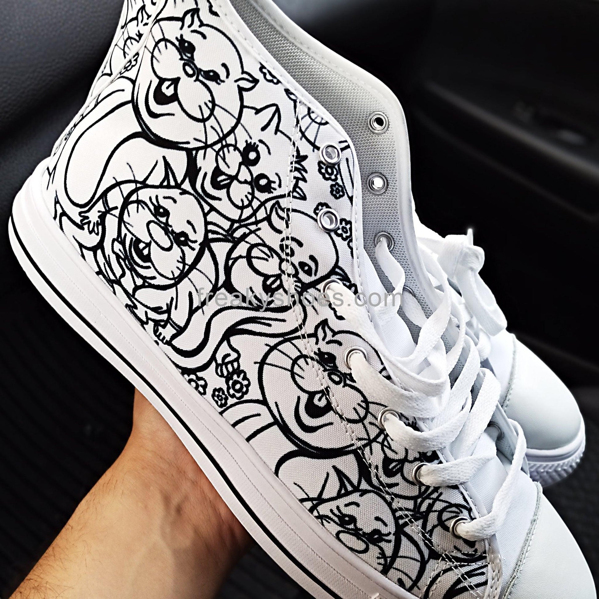 Men's Rabbits Monster Art Pen & Ink custom high-top canvas shoes — wearable art by Freaky Shoes