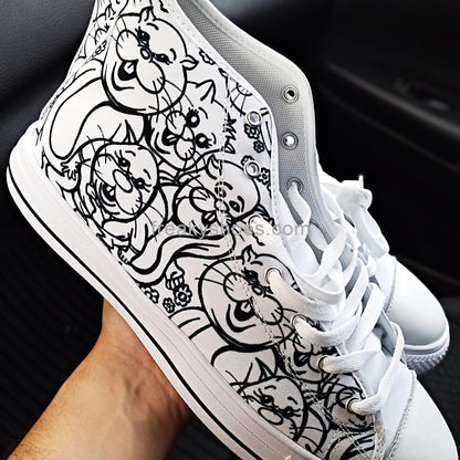 Men's Rabbits Monster Art Pen & Ink custom high-top canvas shoes — wearable art by Freaky Shoes