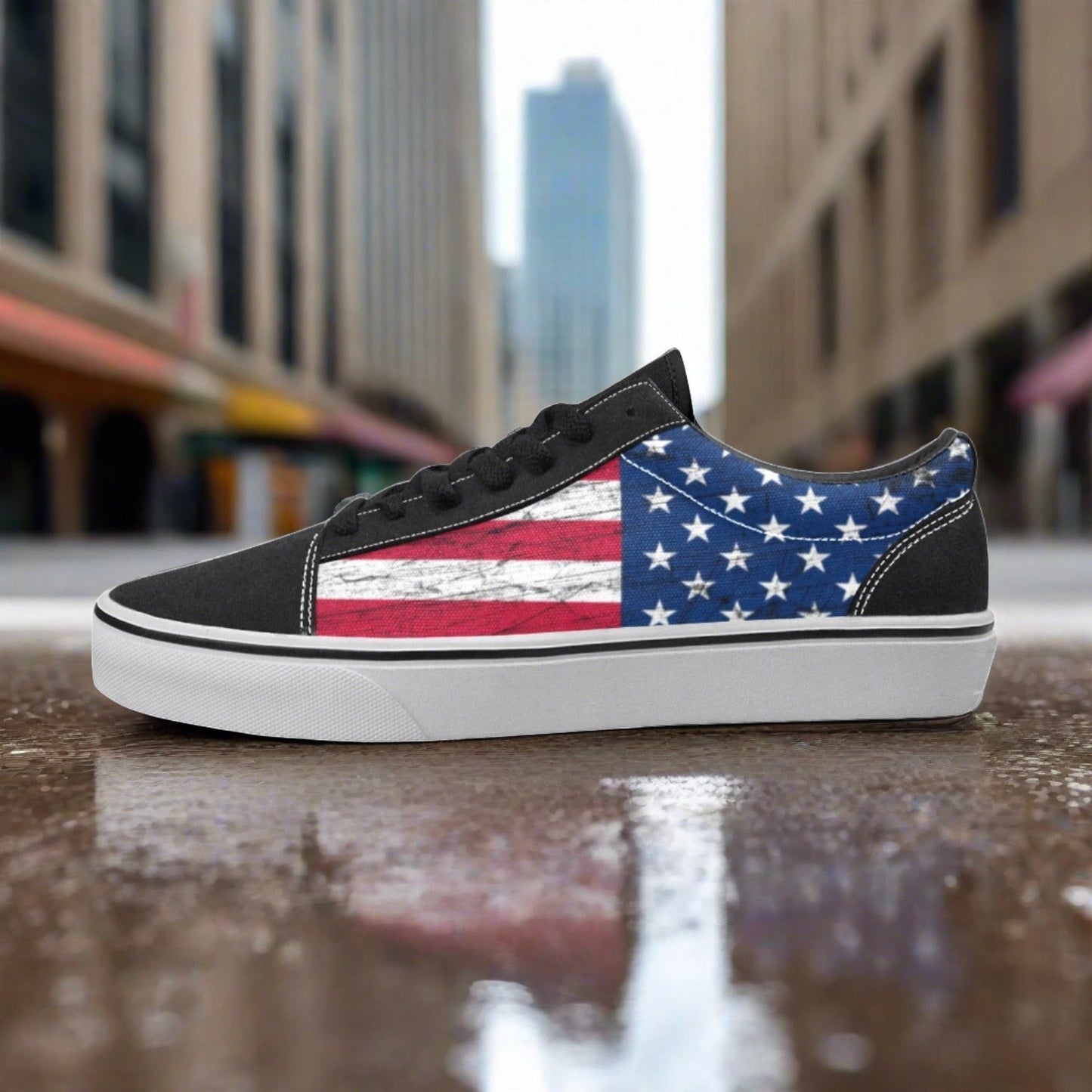 Men's Usa Red White Blue Flag Distressed Art custom low-top canvas shoes — wearable art by Freaky Shoes