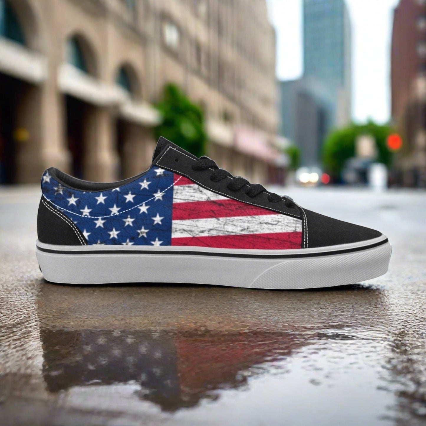 Men's Usa Red White Blue Flag Distressed Art low-top canvas shoes, custom full-wrap printed design — Freaky Shoes