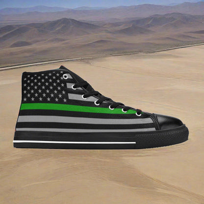 Custom Women's Thin Green Line Flag Themed high-top canvas shoes with bold all-over art — Freaky Shoes