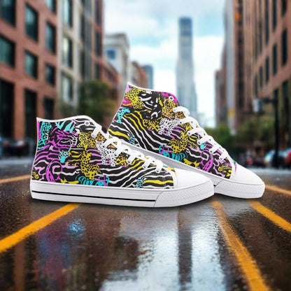 Custom Neon Animal Print high-top canvas shoes with bold all-over art — Freaky Shoes