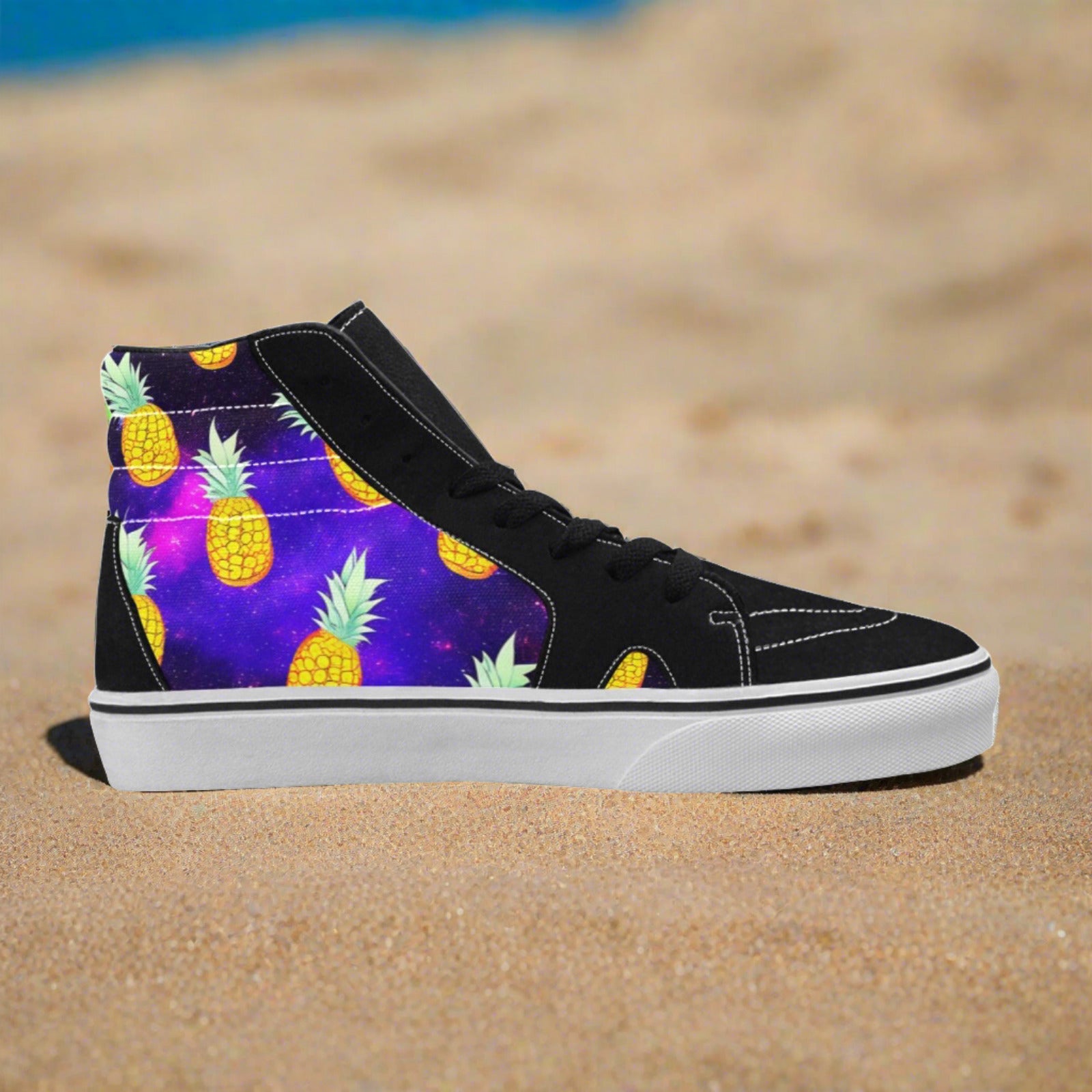 Men's Galaxy Pineapples custom high-top canvas shoes — wearable art by Freaky Shoes