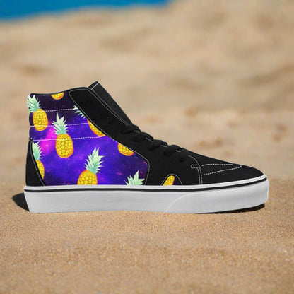 Men's Galaxy Pineapples custom high-top canvas shoes — wearable art by Freaky Shoes