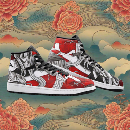 Custom Japanese Fish Art high-top canvas shoes with bold all-over art — Freaky Shoes