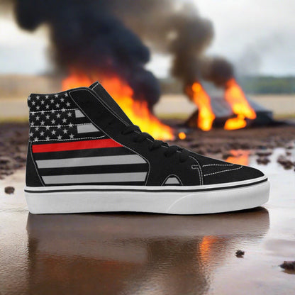Women's Thin Red Line Flag Themed Fire Fighter custom high-top canvas shoes — wearable art by Freaky Shoes