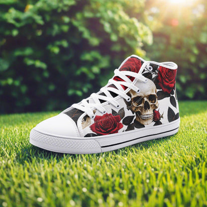 Skulls Roses Deluxe custom high-top canvas shoes — wearable art by Freaky Shoes