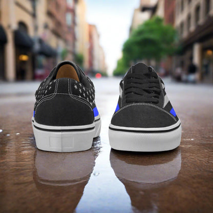Custom Women's Thin Blue Line Flag Themed low-top canvas shoes with bold all-over art — Freaky Shoes