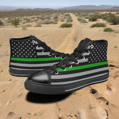 Women's Thin Green Line Flag Themed custom high-top canvas shoes — wearable art by Freaky Shoes