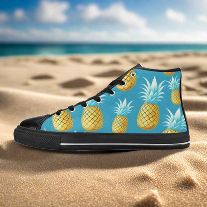 Women's Cool Pineapples custom high-top canvas shoes — wearable art by Freaky Shoes