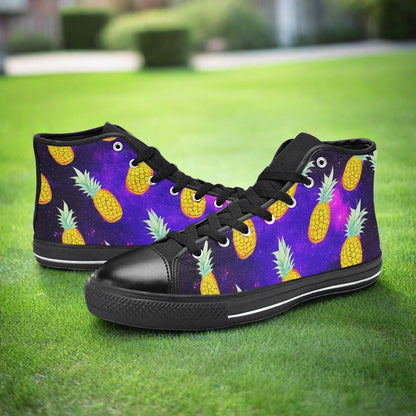 Men's Galaxy Pineapples hand-made high-top canvas shoes — unique wearable art by Freaky Shoes