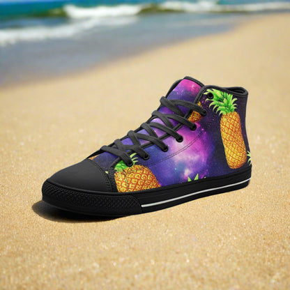 Galaxy Pineapples custom high-top canvas shoes — wearable art by Freaky Shoes