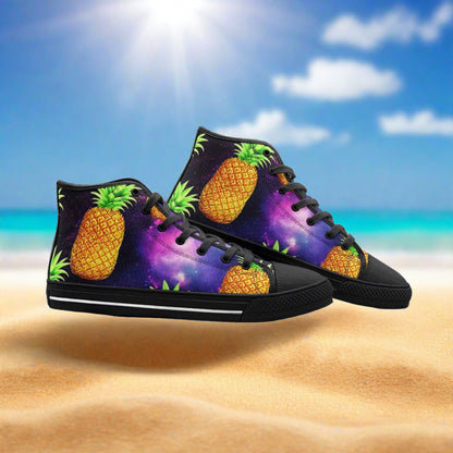 Galaxy Pineapples hand-made high-top canvas shoes — unique wearable art by Freaky Shoes