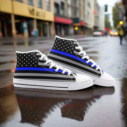 Thin Blue Line Flag high-top canvas shoes, custom full-wrap printed design — Freaky Shoes
