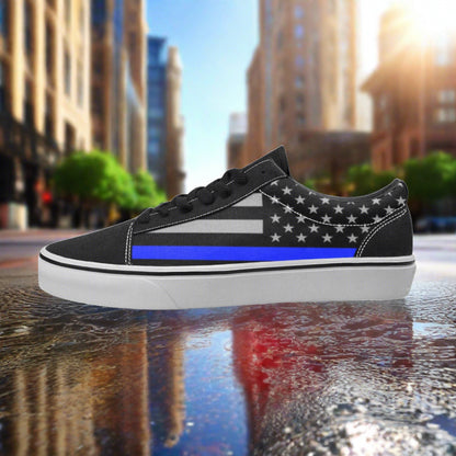 Women's Thin Blue Line Flag Themed custom low-top canvas shoes — wearable art by Freaky Shoes