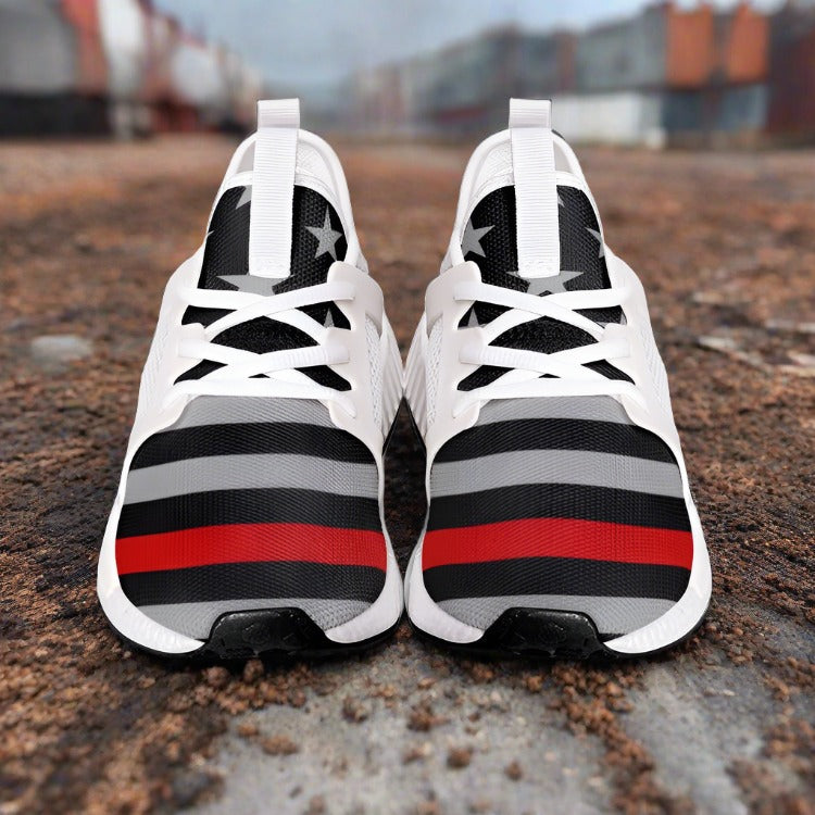 Thin Red Line Flag high-top canvas shoes, custom full-wrap printed design — Freaky Shoes