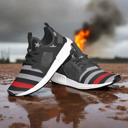 Thin Red Line Flag custom high-top canvas shoes — wearable art by Freaky Shoes