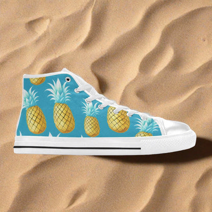 Women's Cool Pineapples hand-made high-top canvas shoes — unique wearable art by Freaky Shoes
