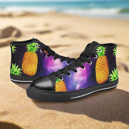 Men's Galaxy Pineapples custom high-top canvas shoes — wearable art by Freaky Shoes