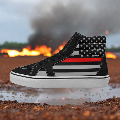 Women's Thin Red Line Flag Themed Fire Fighter high-top canvas shoes, custom full-wrap printed design — Freaky Shoes